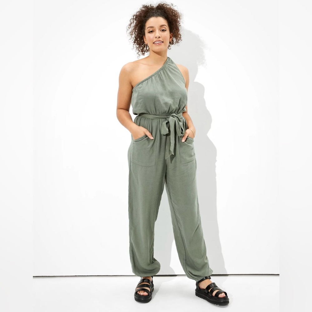American Eagle One-Shoulder‎ Olive Green Jumpsuit One Piece Small Jogger Pockets